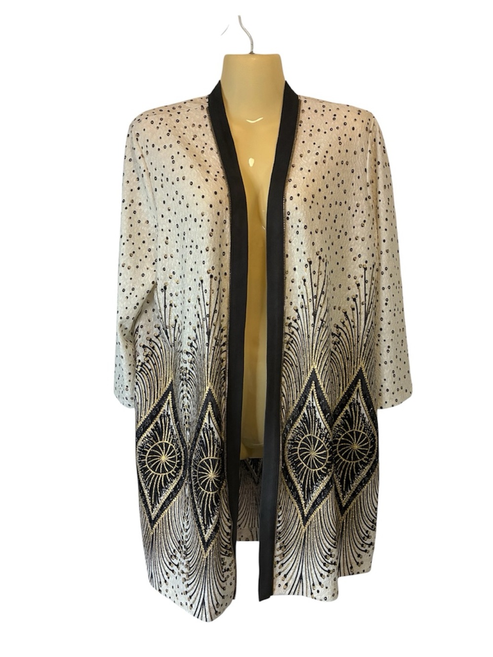 Chico's Travelers Foiled Peacock Open Front Cardigan Cream Black Gold Sz 2 US 12